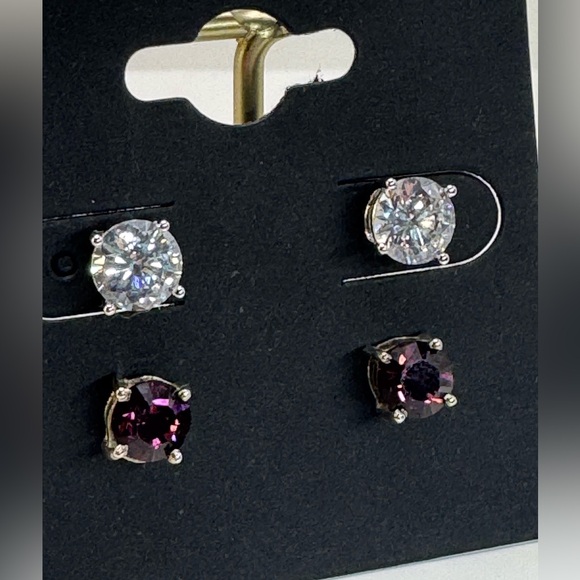 Silver tone clear and Purple crystal Stud Earrings Set - Picture 3 of 6